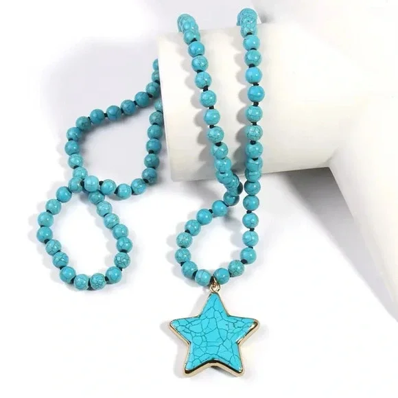 Turquoise Star Natural Stone Beads Bohemian Western Necklace - Picture 4 of 10